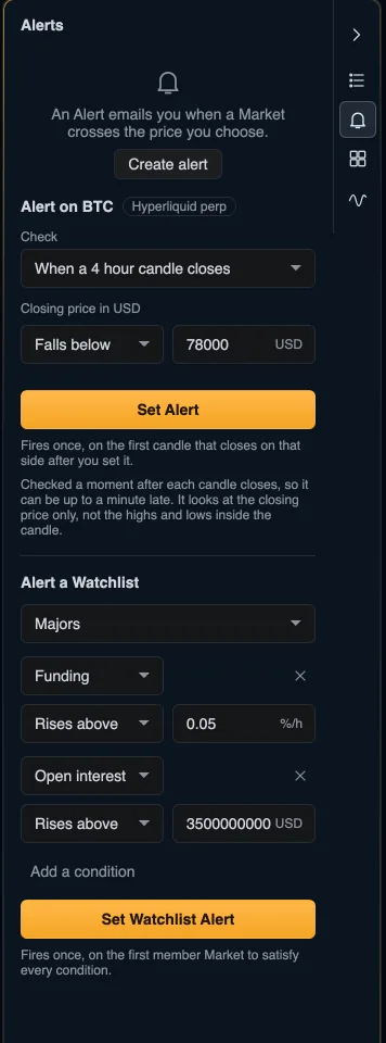 The TradingTwo alerts panel with a 4-hour candle close alert on Bitcoin set to fall below 78,000 dollars, and a Watchlist alert with a funding rate condition and an open interest condition.