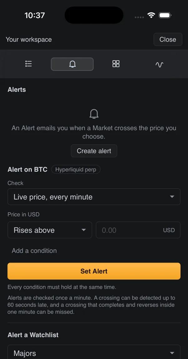 TradingTwo in Safari on an iPhone: the alerts panel with the form for a price alert on a Bitcoin perpetual.